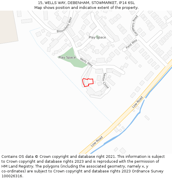 15, WELLS WAY, DEBENHAM, STOWMARKET, IP14 6SL: Location map and indicative extent of plot