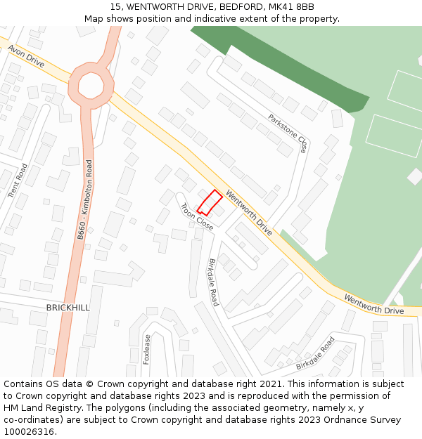 15, WENTWORTH DRIVE, BEDFORD, MK41 8BB: Location map and indicative extent of plot