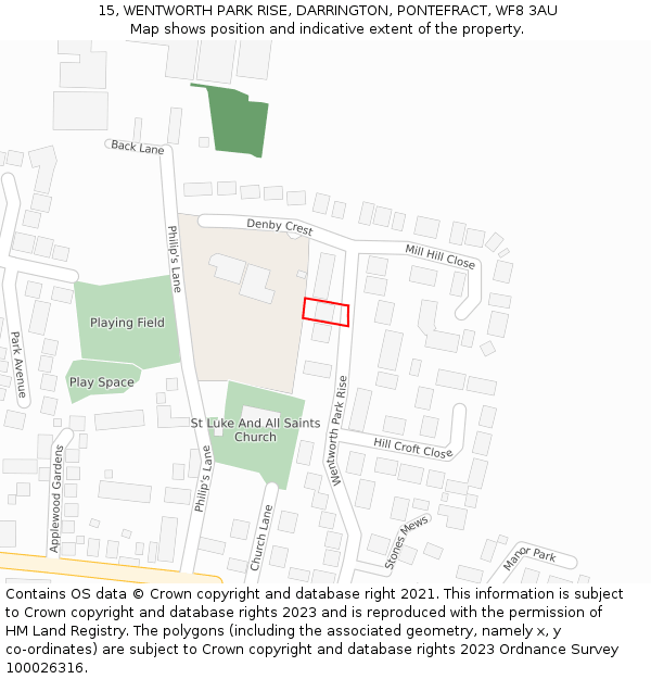 15, WENTWORTH PARK RISE, DARRINGTON, PONTEFRACT, WF8 3AU: Location map and indicative extent of plot