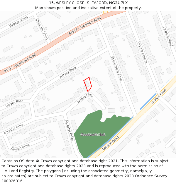 15, WESLEY CLOSE, SLEAFORD, NG34 7LX: Location map and indicative extent of plot
