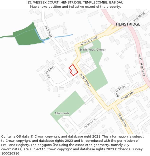 15, WESSEX COURT, HENSTRIDGE, TEMPLECOMBE, BA8 0AU: Location map and indicative extent of plot