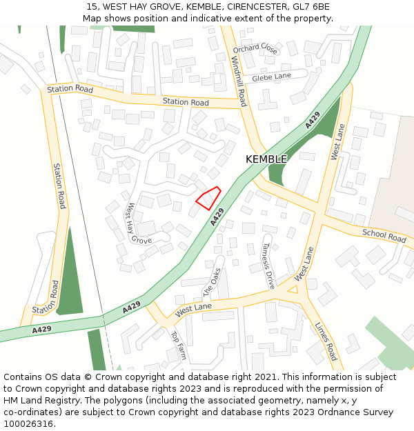 15, WEST HAY GROVE, KEMBLE, CIRENCESTER, GL7 6BE: Location map and indicative extent of plot