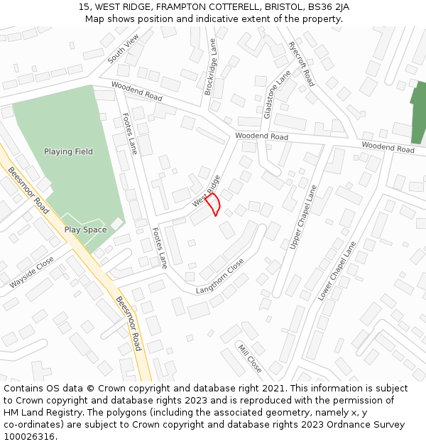 15, WEST RIDGE, FRAMPTON COTTERELL, BRISTOL, BS36 2JA: Location map and indicative extent of plot