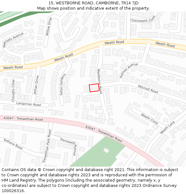 15, WESTBORNE ROAD, CAMBORNE, TR14 7JD: Location map and indicative extent of plot