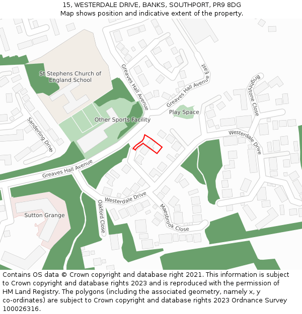 15, WESTERDALE DRIVE, BANKS, SOUTHPORT, PR9 8DG: Location map and indicative extent of plot