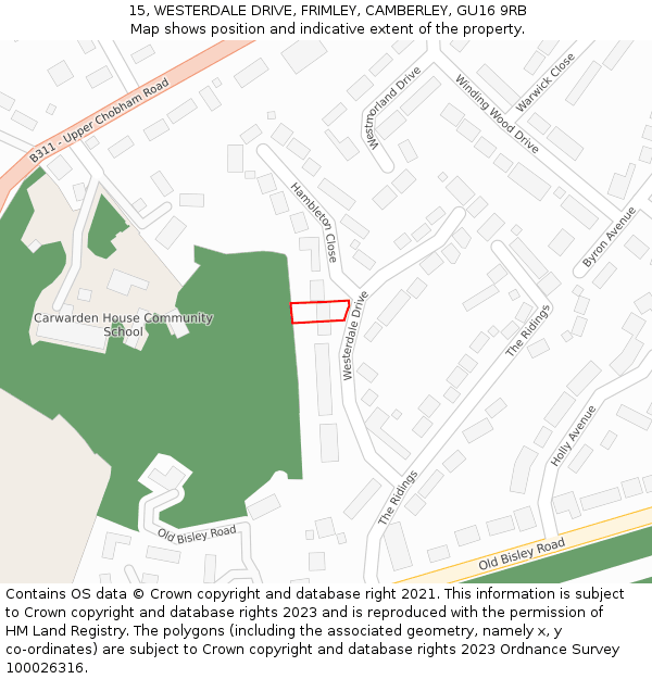 15, WESTERDALE DRIVE, FRIMLEY, CAMBERLEY, GU16 9RB: Location map and indicative extent of plot