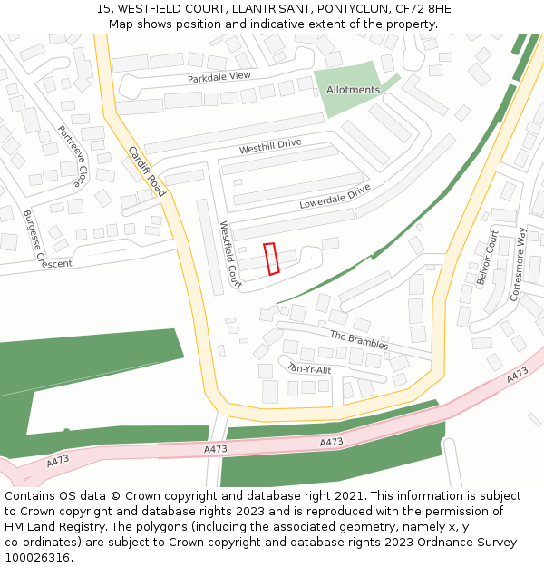 15, WESTFIELD COURT, LLANTRISANT, PONTYCLUN, CF72 8HE: Location map and indicative extent of plot