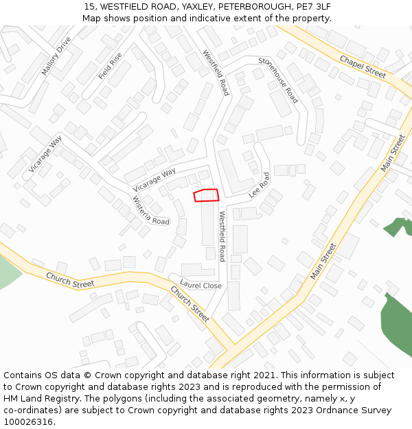 15, WESTFIELD ROAD, YAXLEY, PETERBOROUGH, PE7 3LF: Location map and indicative extent of plot