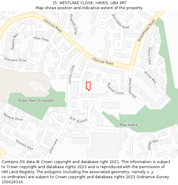 15, WESTLAKE CLOSE, HAYES, UB4 9RT: Location map and indicative extent of plot