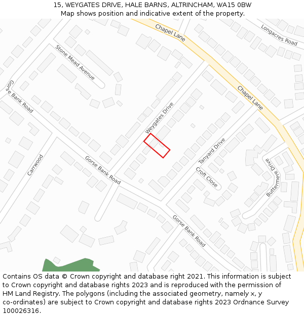 15, WEYGATES DRIVE, HALE BARNS, ALTRINCHAM, WA15 0BW: Location map and indicative extent of plot