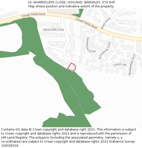 15, WHARNCLIFFE CLOSE, HOYLAND, BARNSLEY, S74 0HP: Location map and indicative extent of plot