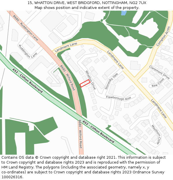 15, WHATTON DRIVE, WEST BRIDGFORD, NOTTINGHAM, NG2 7UX: Location map and indicative extent of plot