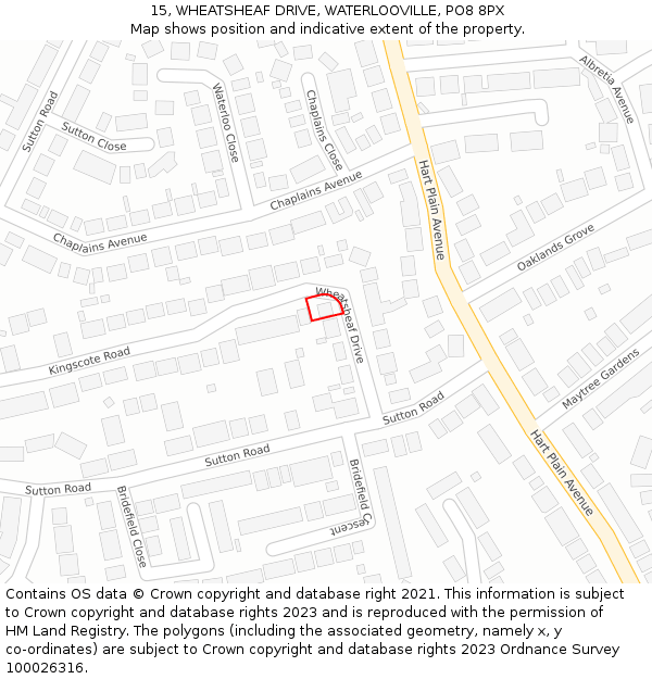 15, WHEATSHEAF DRIVE, WATERLOOVILLE, PO8 8PX: Location map and indicative extent of plot