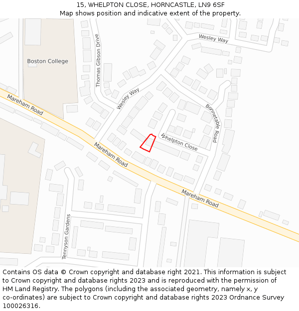 15, WHELPTON CLOSE, HORNCASTLE, LN9 6SF: Location map and indicative extent of plot