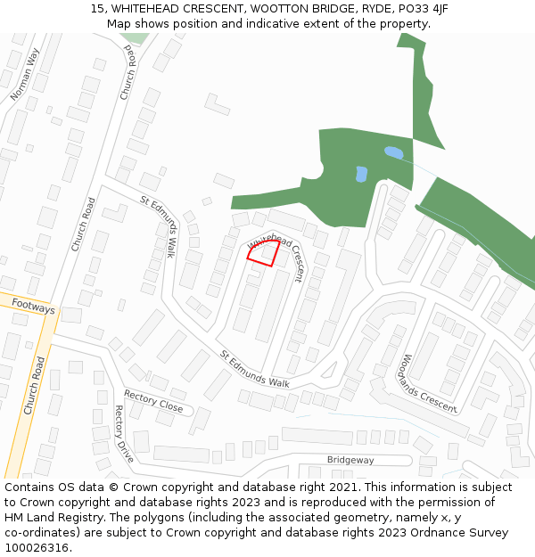 15, WHITEHEAD CRESCENT, WOOTTON BRIDGE, RYDE, PO33 4JF: Location map and indicative extent of plot