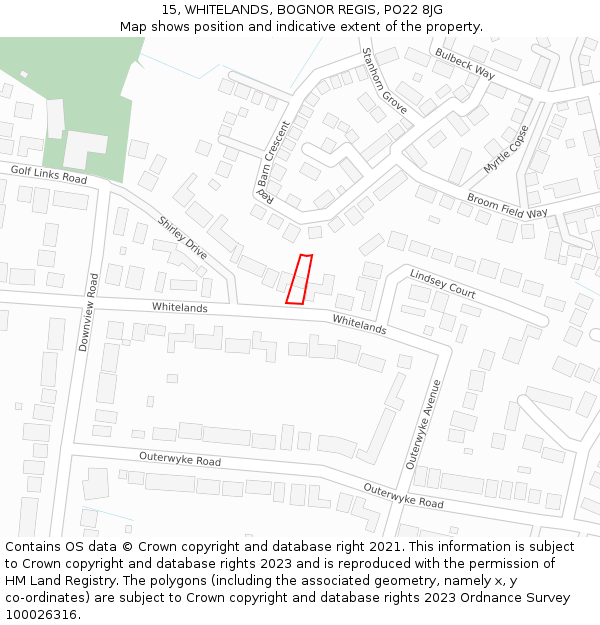 15, WHITELANDS, BOGNOR REGIS, PO22 8JG: Location map and indicative extent of plot