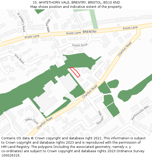 15, WHITETHORN VALE, BRENTRY, BRISTOL, BS10 6ND: Location map and indicative extent of plot