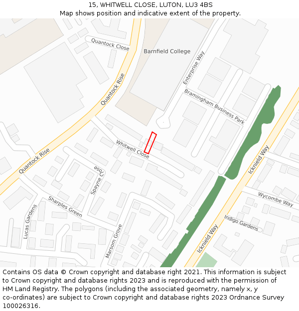 15, WHITWELL CLOSE, LUTON, LU3 4BS: Location map and indicative extent of plot