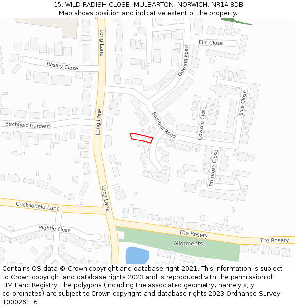 15, WILD RADISH CLOSE, MULBARTON, NORWICH, NR14 8DB: Location map and indicative extent of plot