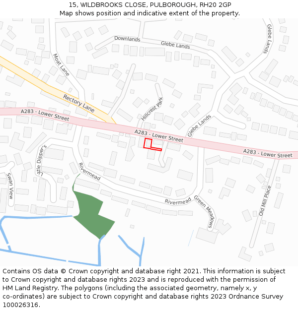 15, WILDBROOKS CLOSE, PULBOROUGH, RH20 2GP: Location map and indicative extent of plot