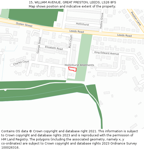 15, WILLIAM AVENUE, GREAT PRESTON, LEEDS, LS26 8FS: Location map and indicative extent of plot