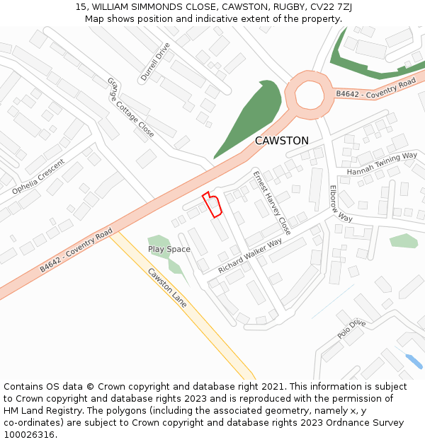 15, WILLIAM SIMMONDS CLOSE, CAWSTON, RUGBY, CV22 7ZJ: Location map and indicative extent of plot