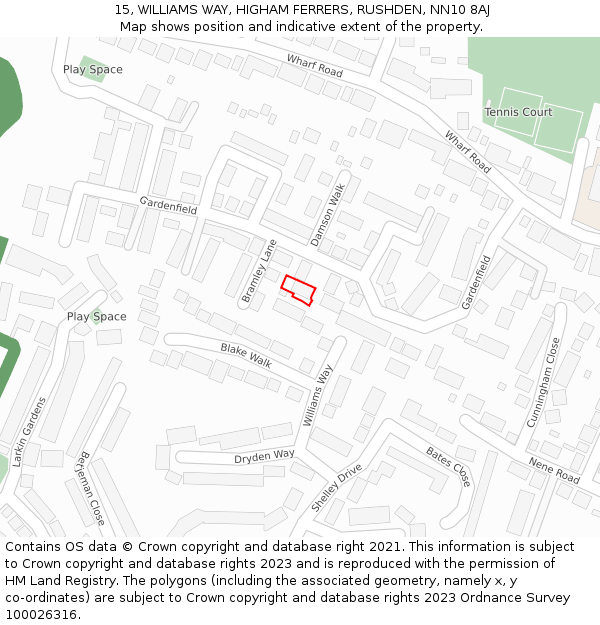 15, WILLIAMS WAY, HIGHAM FERRERS, RUSHDEN, NN10 8AJ: Location map and indicative extent of plot