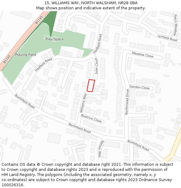 15, WILLIAMS WAY, NORTH WALSHAM, NR28 0BA: Location map and indicative extent of plot