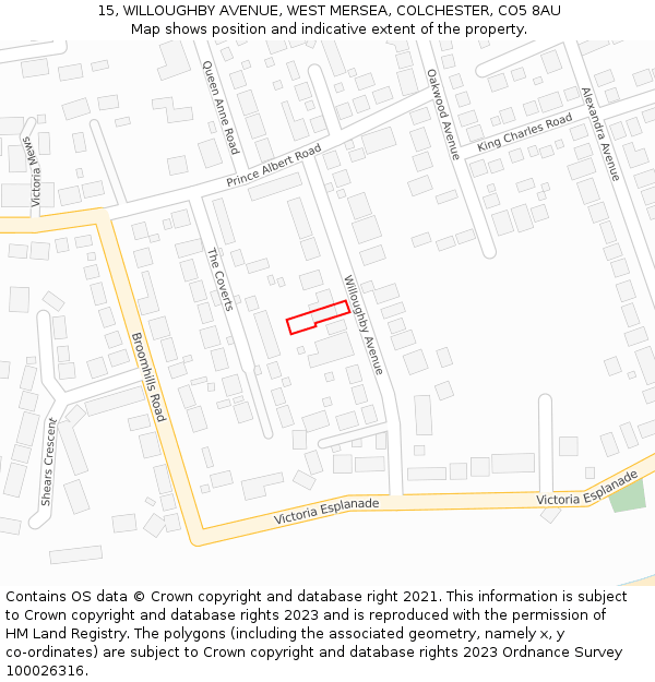 15, WILLOUGHBY AVENUE, WEST MERSEA, COLCHESTER, CO5 8AU: Location map and indicative extent of plot