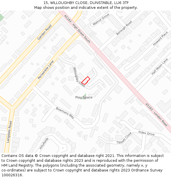 15, WILLOUGHBY CLOSE, DUNSTABLE, LU6 3TF: Location map and indicative extent of plot