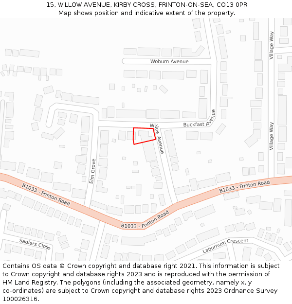 15, WILLOW AVENUE, KIRBY CROSS, FRINTON-ON-SEA, CO13 0PR: Location map and indicative extent of plot