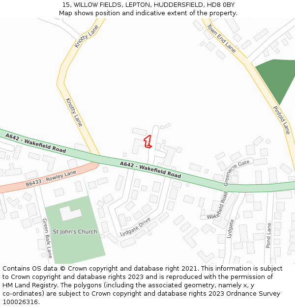 15, WILLOW FIELDS, LEPTON, HUDDERSFIELD, HD8 0BY: Location map and indicative extent of plot