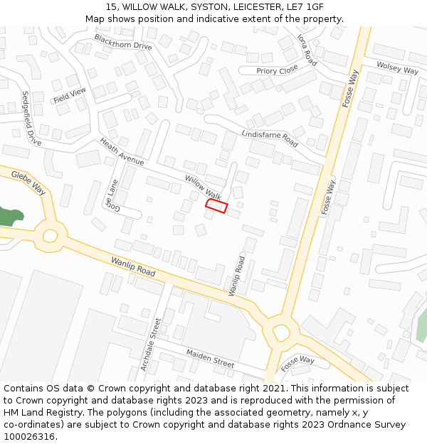 15, WILLOW WALK, SYSTON, LEICESTER, LE7 1GF: Location map and indicative extent of plot