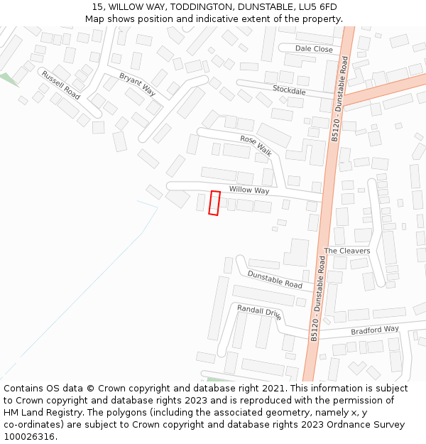 15, WILLOW WAY, TODDINGTON, DUNSTABLE, LU5 6FD: Location map and indicative extent of plot