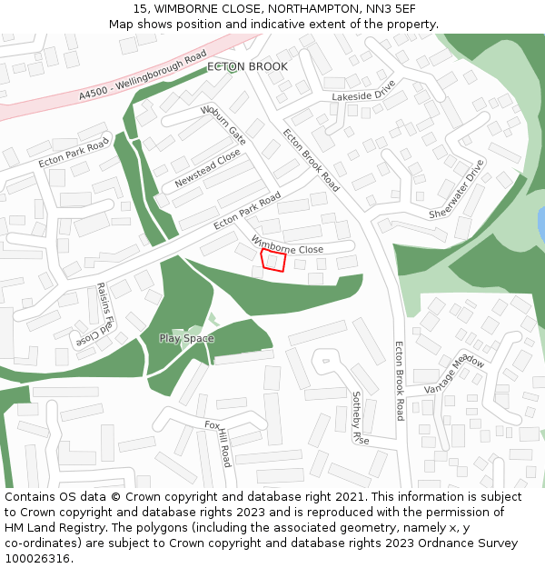 15, WIMBORNE CLOSE, NORTHAMPTON, NN3 5EF: Location map and indicative extent of plot