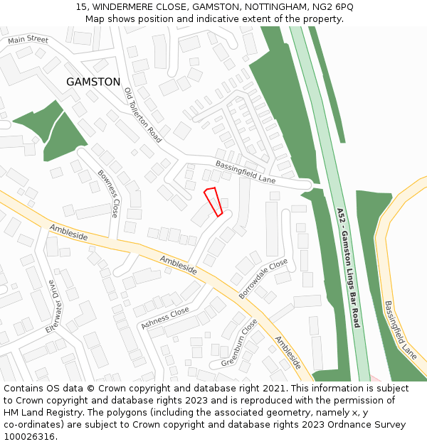 15, WINDERMERE CLOSE, GAMSTON, NOTTINGHAM, NG2 6PQ: Location map and indicative extent of plot