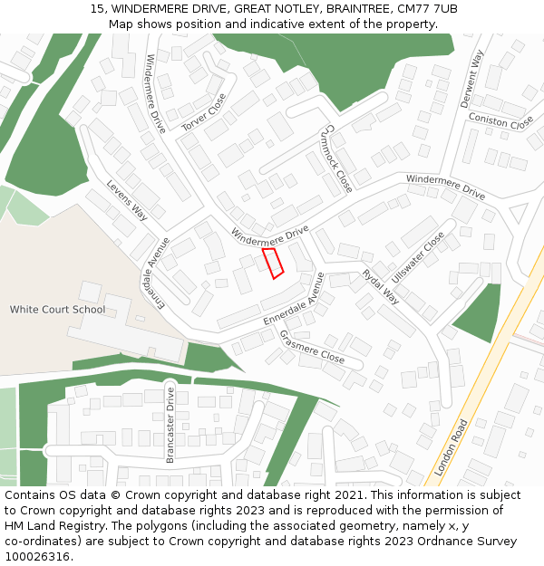 15, WINDERMERE DRIVE, GREAT NOTLEY, BRAINTREE, CM77 7UB: Location map and indicative extent of plot