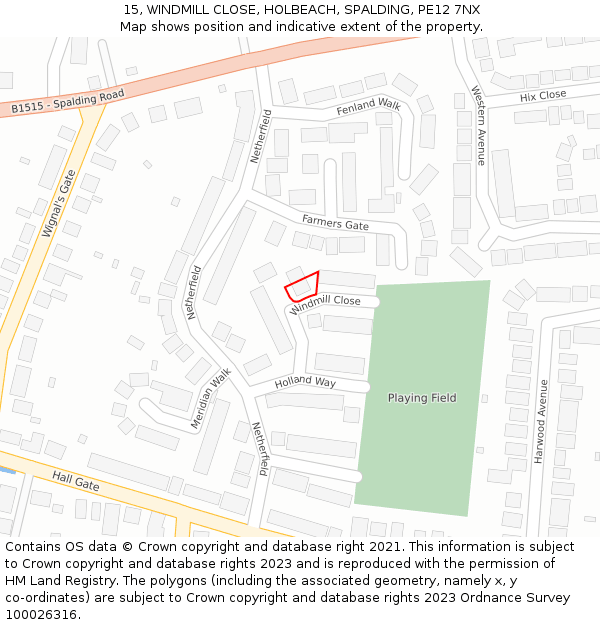 15, WINDMILL CLOSE, HOLBEACH, SPALDING, PE12 7NX: Location map and indicative extent of plot