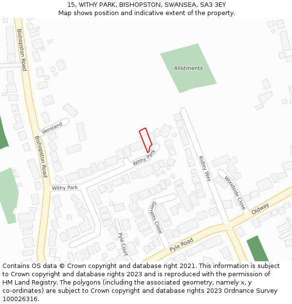 15, WITHY PARK, BISHOPSTON, SWANSEA, SA3 3EY: Location map and indicative extent of plot