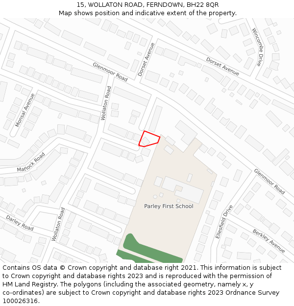 15, WOLLATON ROAD, FERNDOWN, BH22 8QR: Location map and indicative extent of plot