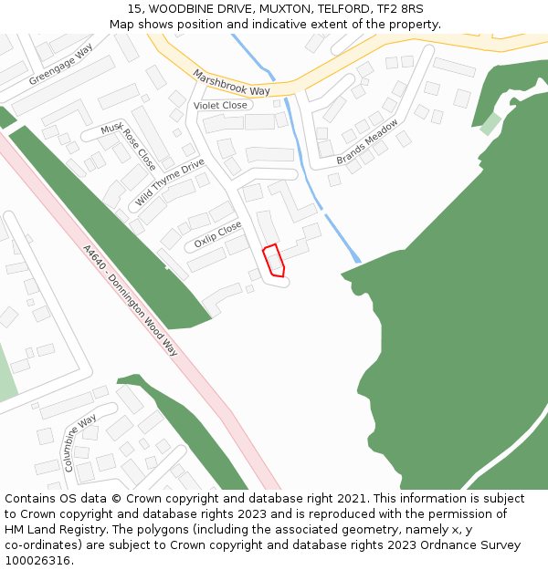 15, WOODBINE DRIVE, MUXTON, TELFORD, TF2 8RS: Location map and indicative extent of plot