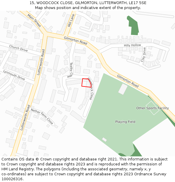 15, WOODCOCK CLOSE, GILMORTON, LUTTERWORTH, LE17 5SE: Location map and indicative extent of plot