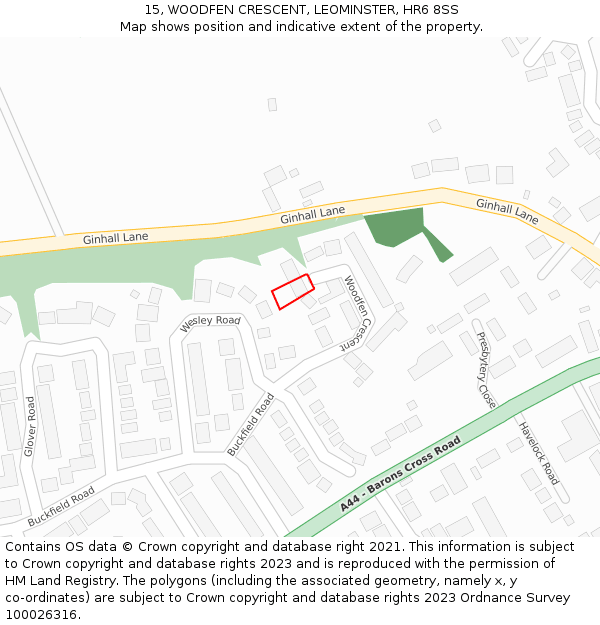 15, WOODFEN CRESCENT, LEOMINSTER, HR6 8SS: Location map and indicative extent of plot