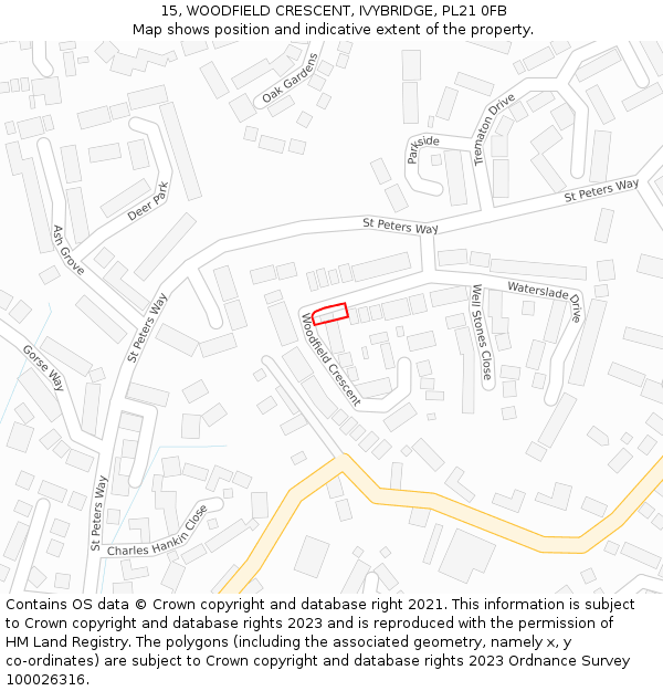 15, WOODFIELD CRESCENT, IVYBRIDGE, PL21 0FB: Location map and indicative extent of plot