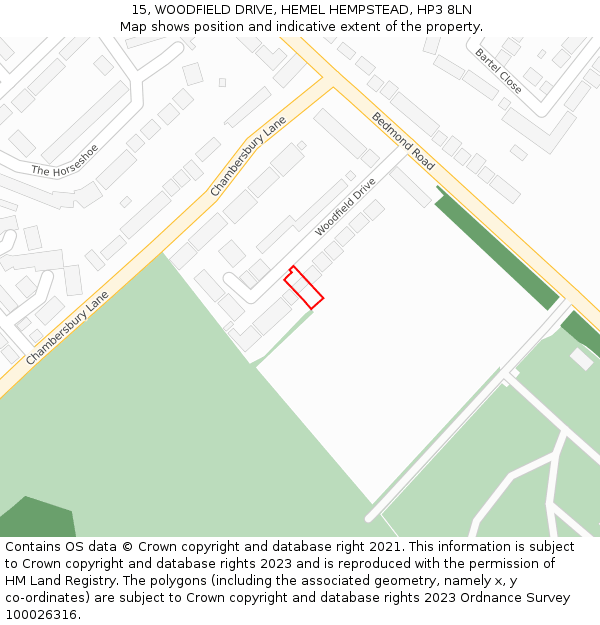 15, WOODFIELD DRIVE, HEMEL HEMPSTEAD, HP3 8LN: Location map and indicative extent of plot