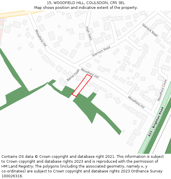 15, WOODFIELD HILL, COULSDON, CR5 3EL: Location map and indicative extent of plot