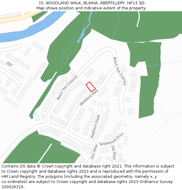 15, WOODLAND WALK, BLAINA, ABERTILLERY, NP13 3JS: Location map and indicative extent of plot