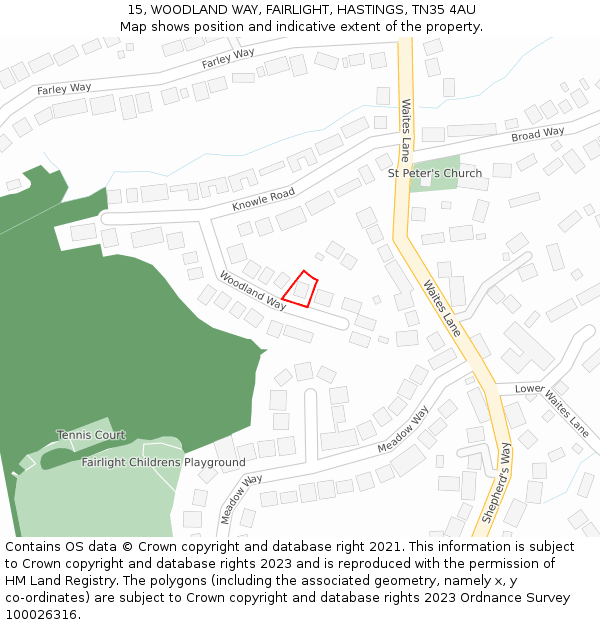 15, WOODLAND WAY, FAIRLIGHT, HASTINGS, TN35 4AU: Location map and indicative extent of plot