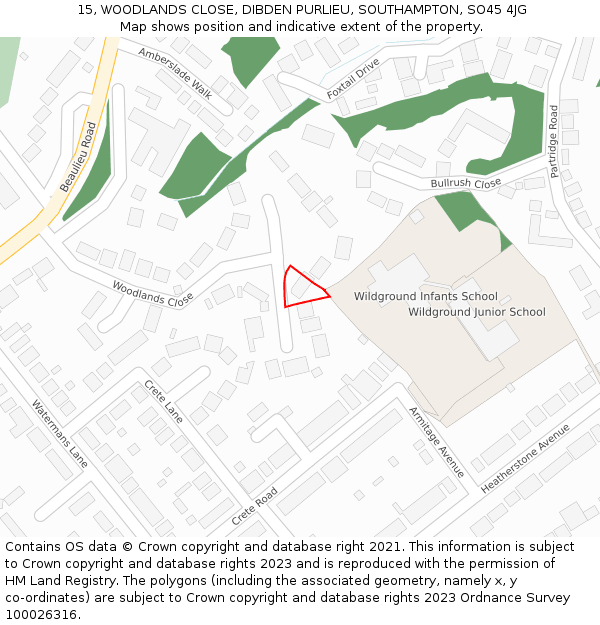 15, WOODLANDS CLOSE, DIBDEN PURLIEU, SOUTHAMPTON, SO45 4JG: Location map and indicative extent of plot