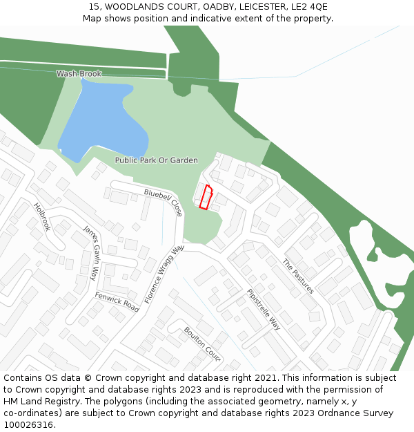 15, WOODLANDS COURT, OADBY, LEICESTER, LE2 4QE: Location map and indicative extent of plot